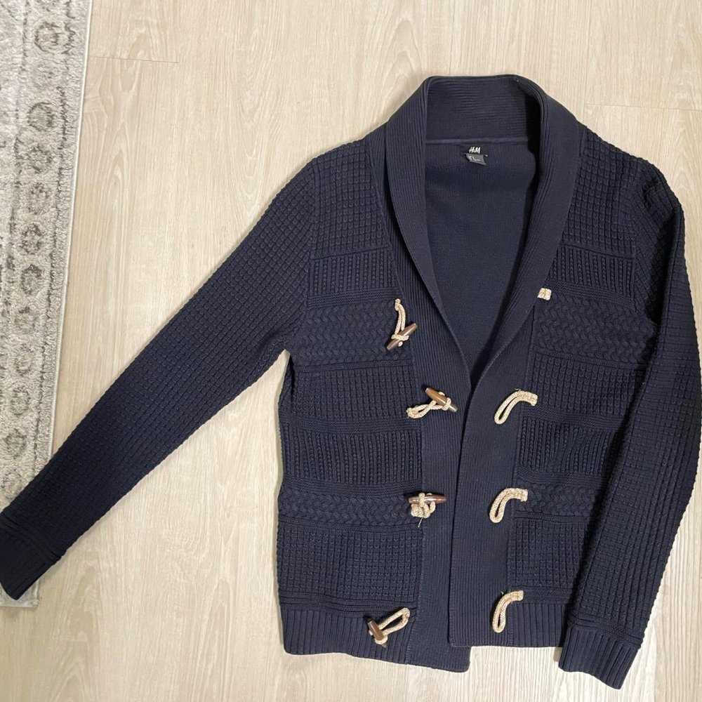 H&M 100% Cotton Shawl Cardigan Black with Wood Buttons - Men's Size S
